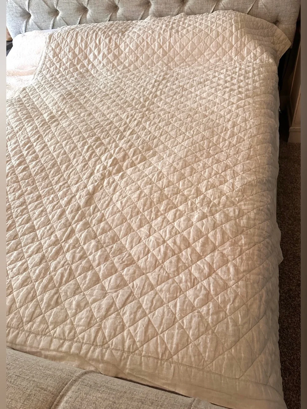Pottery Barn Belgian Flax Linen Diamond Twin Quilt W/One Sham Excellent